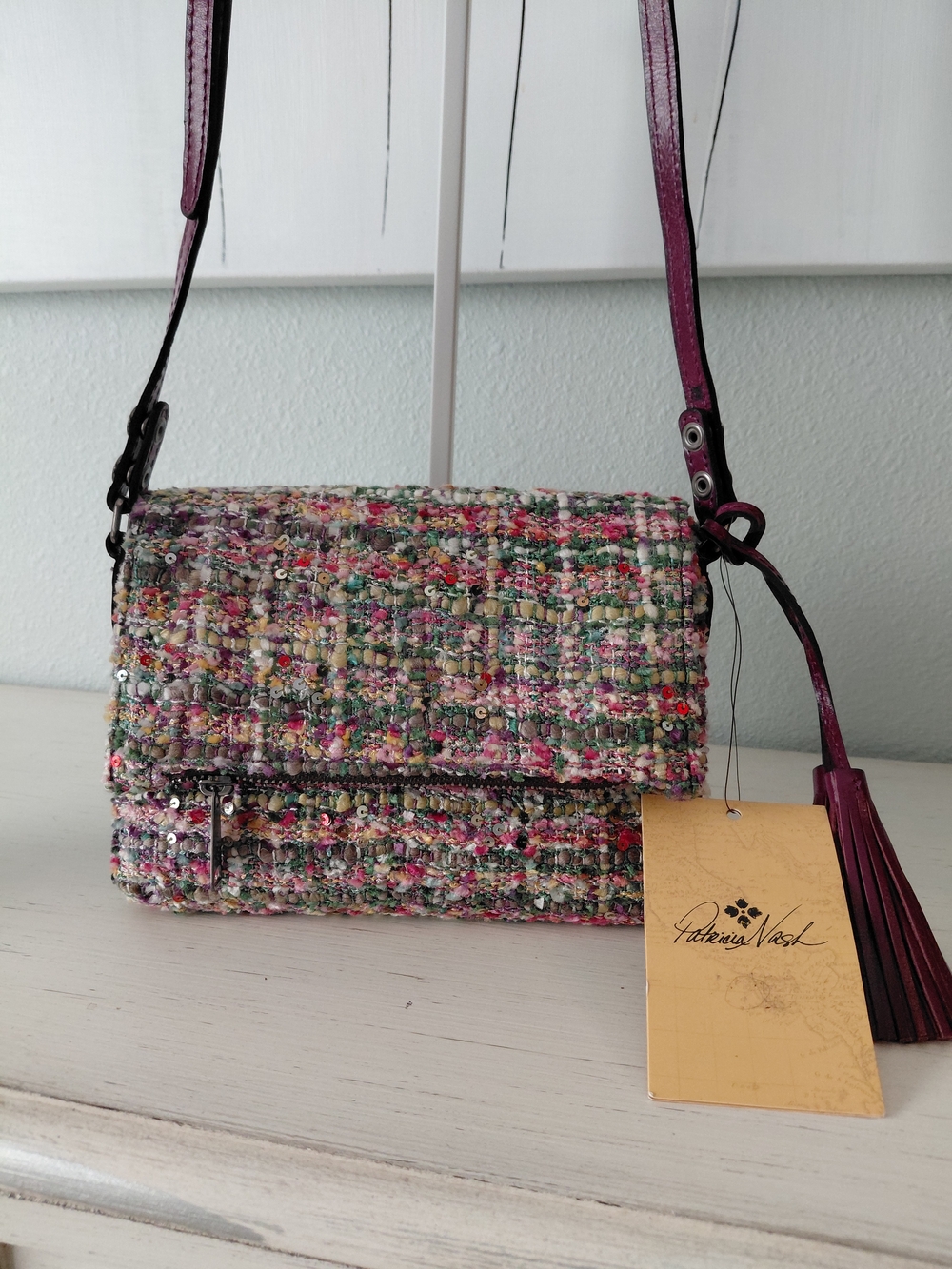 NWT 💜 Patricia Nash Multicolor Sequin Tweed Crossbody with Plum Leather Strap